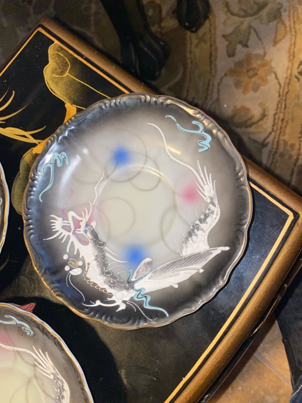 Decorative Dragon Ware Ceramic Plates - Black, Cream, Blue Accents 5.7” - Picture 5 of 8